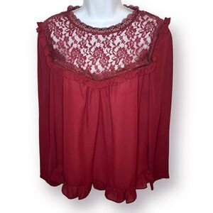Moon Floral Lace Yoke Top Ruffle Trim Burgundy Wine Red M